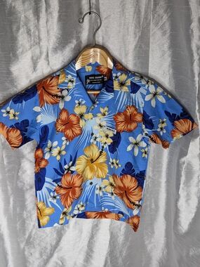 Moana Fashion Tahiti Blue Hawaiian Floral Cotton Button-Up Shirt Habiscus XS